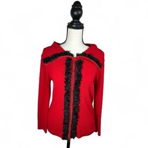 D&Y Red Ribbed Zip Up Cardigan Sweater Black Floral Ruffle Trim Women’s Size M